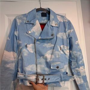 Pinko Sky Blue Cloud Print Leather Jacket